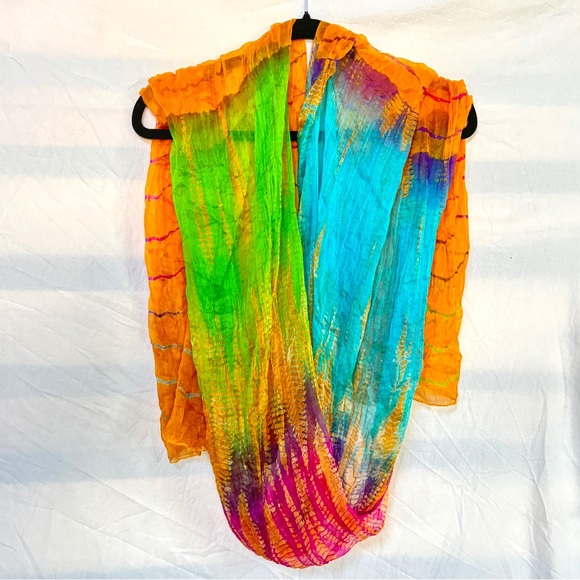 Indian 100% Silk Scarf Sari - Tie-Dye Boho Neon Rainbow Headwrap Headband - Picture 4 of 12